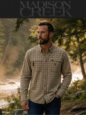 Madison Creek Men's Plaid Flannel Suede Trim Shirt in Olive/Tan, Size M